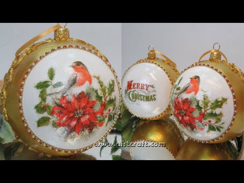 Видео: МК Декупаж новогоднего шара с рисовой бумагой,  силиконовыми молдами и стразами