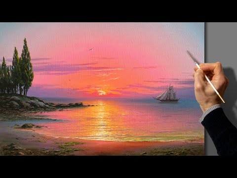 Видео: Oil Seascape Painting - Sea Sunset / Easy Art / Морской пейзаж маслом. Уроки рисования. Живопись.