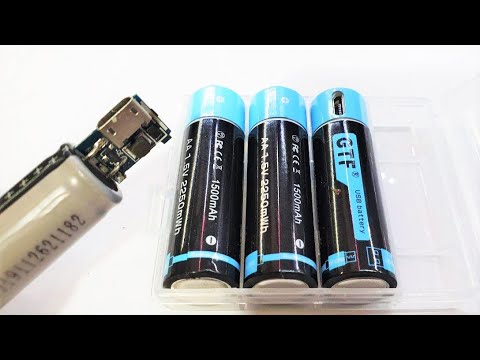 Видео: Лучший литий ионный аккумулятор GTF Li ion 1 5V AA 2250 mWh, 1500 mAh с микро юсб зарядкой