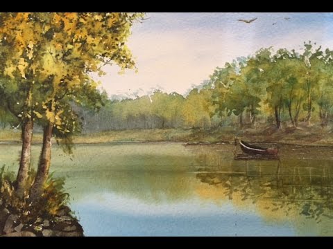 Видео: АКВАРЕЛЬ. Берег реки, деревья,отражения.River in watercolor. Trees, water, reflections,