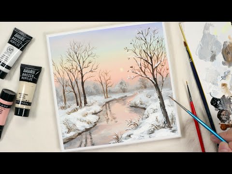 Видео: Зимние деревья / Пейзаж / Акриловая живопись для начинающих / Урок рисования