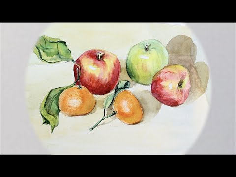 Видео: Акварельный натюрморт с яблоками и мандаринами.