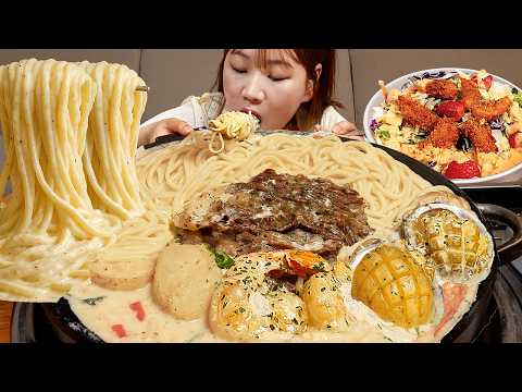 Видео: Sub)Real Mukbang- Говяжья паста с абалоном и сливками 🍝 Острое ризотто 🍚 Жареные креветки 🍤 ASMR