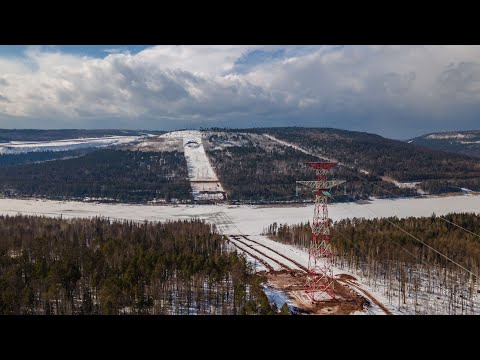 Видео: ВЛ 500 кВ Нижнеангарская – Усть-Кут, монтаж проводов и грозотросов на переходе через р. Лена