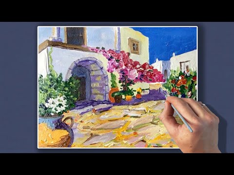 Видео: Греческий двор /Рисование акрилом /Пошаговая инструкция рисования картины