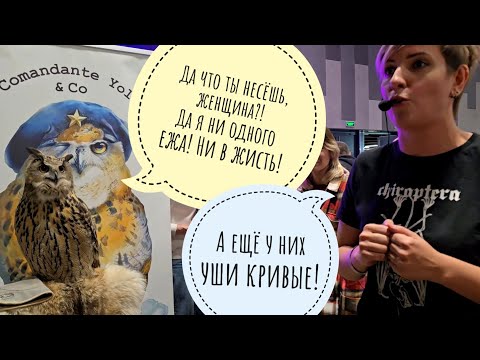 Видео: Сова филин Ёль слушает лекции про филинов и сов на Рептилиуме. Очень удивляется! Это она так может?!
