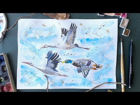 Видео: Рисуем облака и дополнительную графику. Весенний рисунок с птицами
