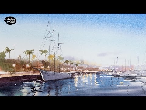 Видео: Рисуем акварелью: Пейзаж с яхтой — kalachevaschool.ru