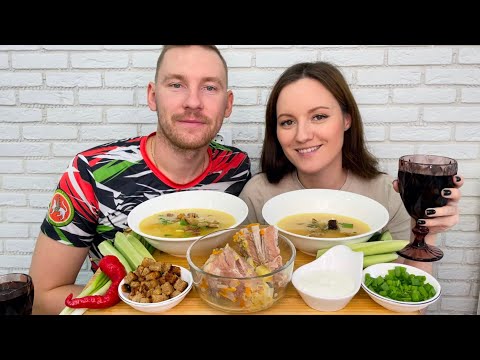 Видео: МУКБАНГ ГОРОХОВЫЙ СУП НА РЕБРЫШКАХ с сухариками MUKBANG овощи острый перец зелень домашняя еда