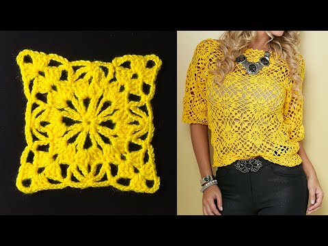 Видео: Великолепная кофточка из квадратных мотивов. МК.