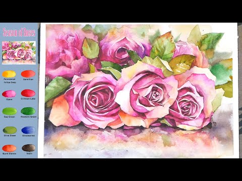 Видео: Цветок Акварель - Сезон роз (эскиз смешение цветов)