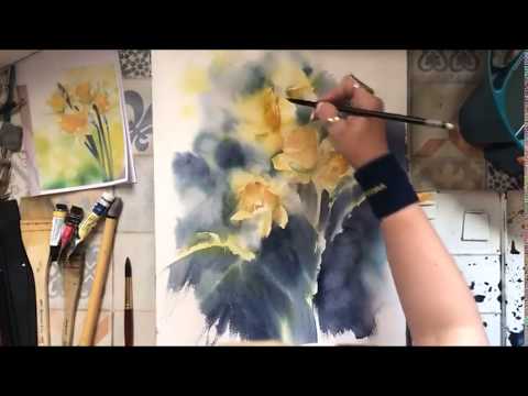 Видео: Запись прямого эфира. Акварель. Нарциссы. Часть-3.