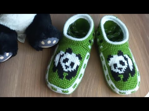 Видео: Вязаные детские тапочки🐼🐼 перезалив.🧶 тунисское вязание+спицы