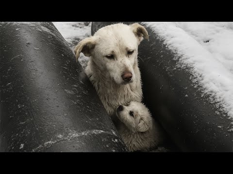 Видео: Собака-мать лежала между ледяными трубами, спасая щенков… То, что сделали люди, невозможно забыть