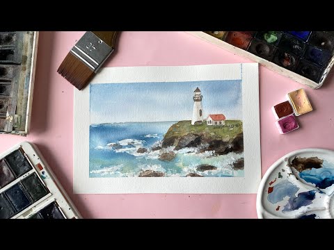Видео: Как нарисовать море легко. Маяк рисунок акварелью поэтапно