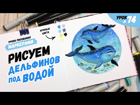 Видео: Как нарисовать дельфинов под водой? / Видео-урок по рисованию маркерами для новичков #74