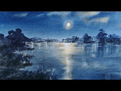 Видео: Лунный свет акварелью. Moonlight in watercolor #акварель #пейзажакварелью #watercolor