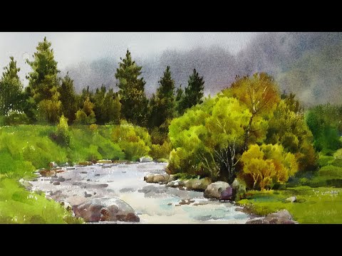 Видео: Акварельная пейзажная живопись - Маленький ручей в лесу