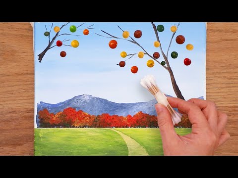Видео: 🌳Осеннее дерево, нарисованное ватным тампоном | Легкая картина акрилом # 276