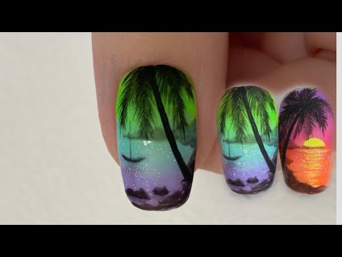 Видео: Закат на ногтях. Пейзаж на закате дизайн ногтей. Неоновый маникюр