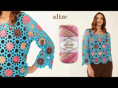 Видео: Блузка с тунисским крючком и пряжей Alize Cotton Gold Batik