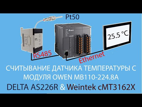 Видео: Считывание датчика температуры с модуля OWEN MB110-224.8A ПЛК DELTA AS228R и панелью Weintek cM3162X