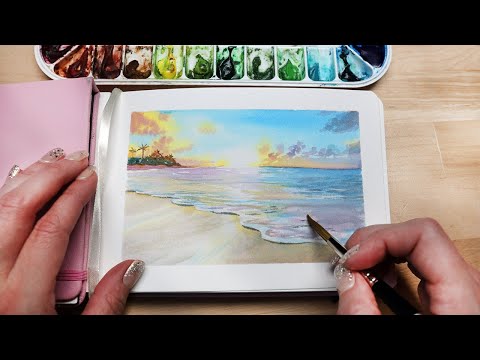 Видео: Простое пошаговое руководство по рисованию заката на берегу океана с акварелью