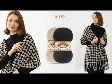 Видео: Шаль с узором «гусиная лапка» и пряжей Alize Angora Gold