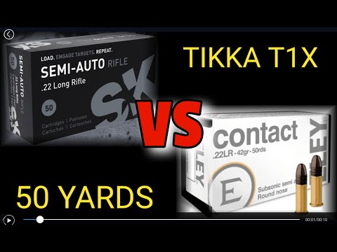 Видео: Eley Contact за 5 долларов против SK Semi Auto за 7 долларов, 50 ярдов с Tikka T1X
