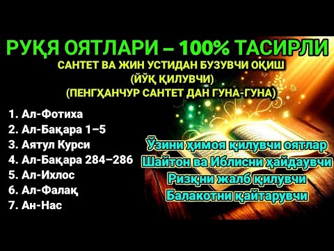 Видео: Фотиха, Оятул Курси, Бақара 284-286, Ихлос, Фалақ, Нас || Руқия оятлари – Сеҳрни йўқ қил