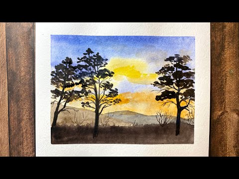 Видео: Пейзаж для начинающих. Закат в горах акварелью. Рисуем осень поэтапно