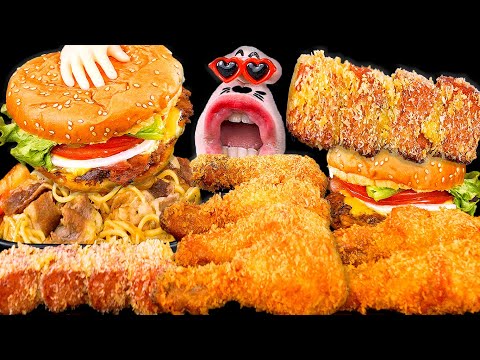 Видео: Гамбургер с говядиной и сыром, креветки, олио и оладьи со спамом, шашлык ASMR Mukbang Eating Show!