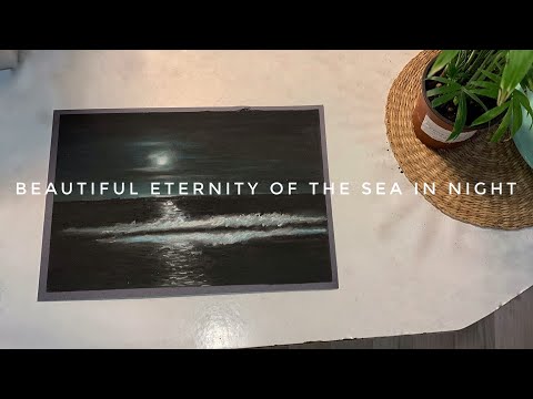 Видео: Рисунок пастелью - Море ночью и полная Луна, 🌑 🌊 волны