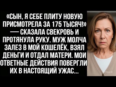 Видео: «Сын, я плиту присмотрела за 175 тысяч!» Муж молча залез в мой кошелёк, взял деньги и отдал матери.