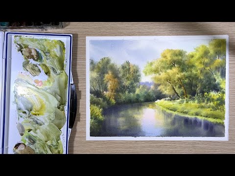 Видео: Акварельная пейзажная живопись спокойной реки