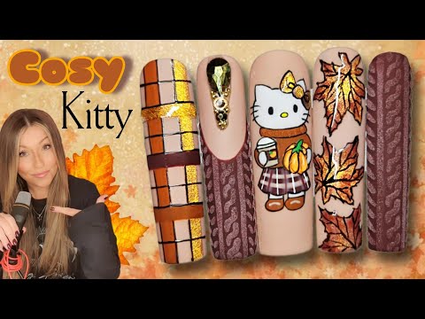 Видео: 🍁 Осенний нейл-арт | Hello Kitty | Кошачий глаз с листьями в клетку | Простой дизайн ногтей в сти...