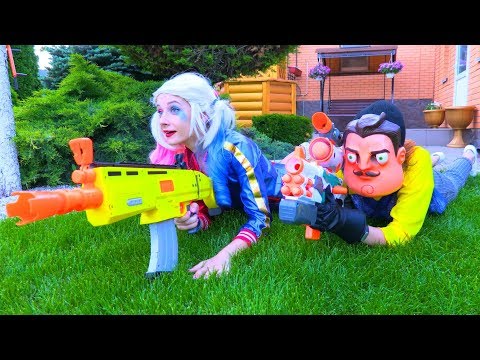 Видео: NERF Битва с Нерф Дроном против Привет Соседа и Харли Квин