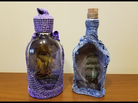 Видео: Обратный декупаж бутылок. Морской декор. DIY.  Marine decor of bottles.