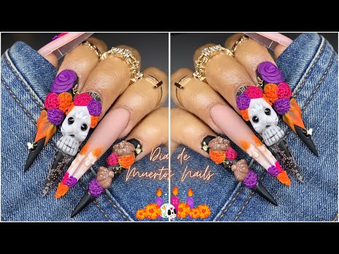 Видео: Акриловые ногти DIA DE MUERTOS / Дизайн ногтей в стиле «День мертвых» / Урок по созданию 3D-дизай...
