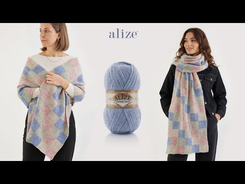 Видео: Сезонная шаль тунисским узором с пряжей Alize Angora Gold