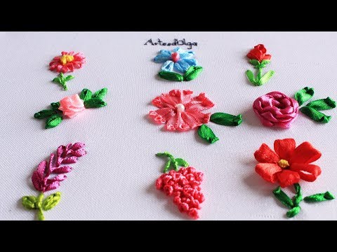 Видео: Вышивка для начинающих: 9 вышитых цветов с лентами