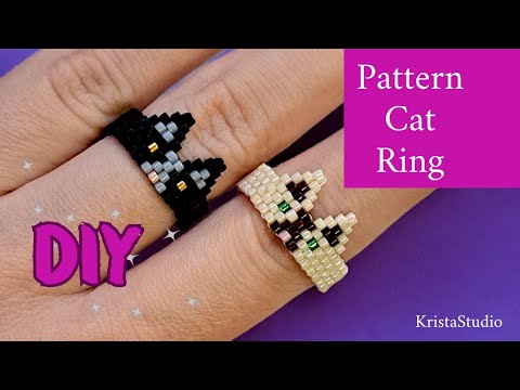 Видео: Как сделать кольцо из бисера в виде кошки | Уроки плетения мозаичным узором и кирпичным узором дл...