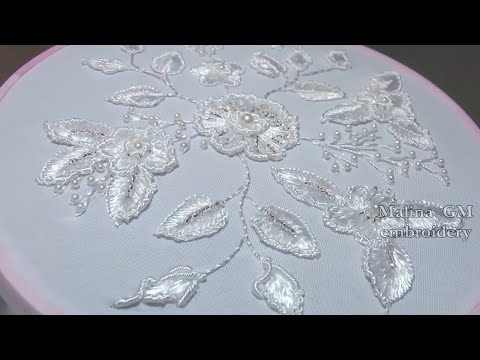 Видео: Hand Embroidery: White silk flowers Dimensional stitches / Бразильская белая Вышивка