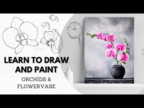 Видео: Нарисуй и раскрась ОРХИДЕИ акриловая картина красивый и легкий цветок на холсте ваза