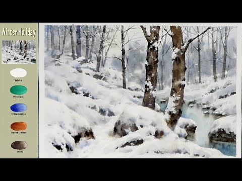 Видео: Без эскиза  Пейзаж Акварель -  Зимние каникулы  (просмотр смешения цветов)