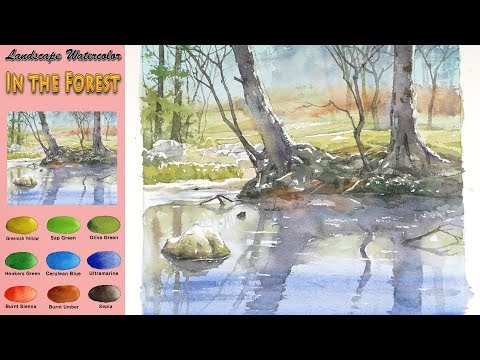 Видео: основной Пейзажная акварель - В лесу  (sketch & coloring, Arches) NAMIL ART