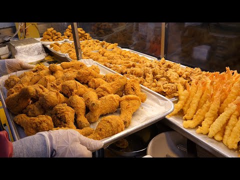 Видео: корейская жареная курица, жареные креветки - корейская уличная еда