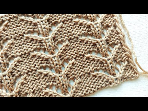 Видео: Ажурные веточки на изнаночной глади для вязания джемперов, палантинов