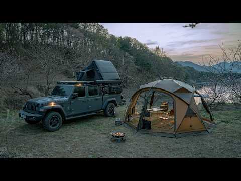 Видео: Кемпинг на тихом берегу озера с Jeep Gladiator [4K] – | Расслабьтесь | Уютно | ASMR
