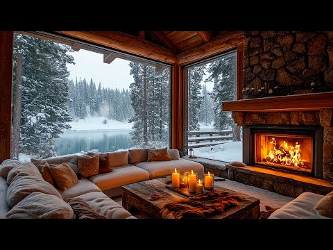 Видео: Зимняя уютная атмосфера гостиной с нежной фортепианной музыкой и звуками камина для отдыха в снежный